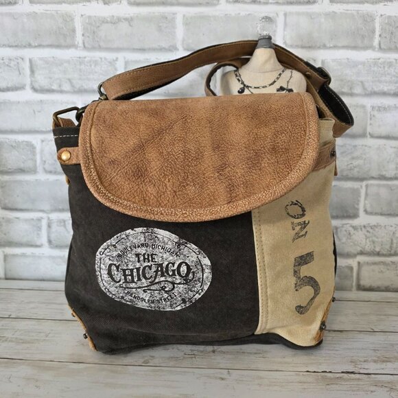 Myra Chicago Canvas Leather Crossbody Bag Distressed Boho Upcycle Grunge - Picture 7 of 7